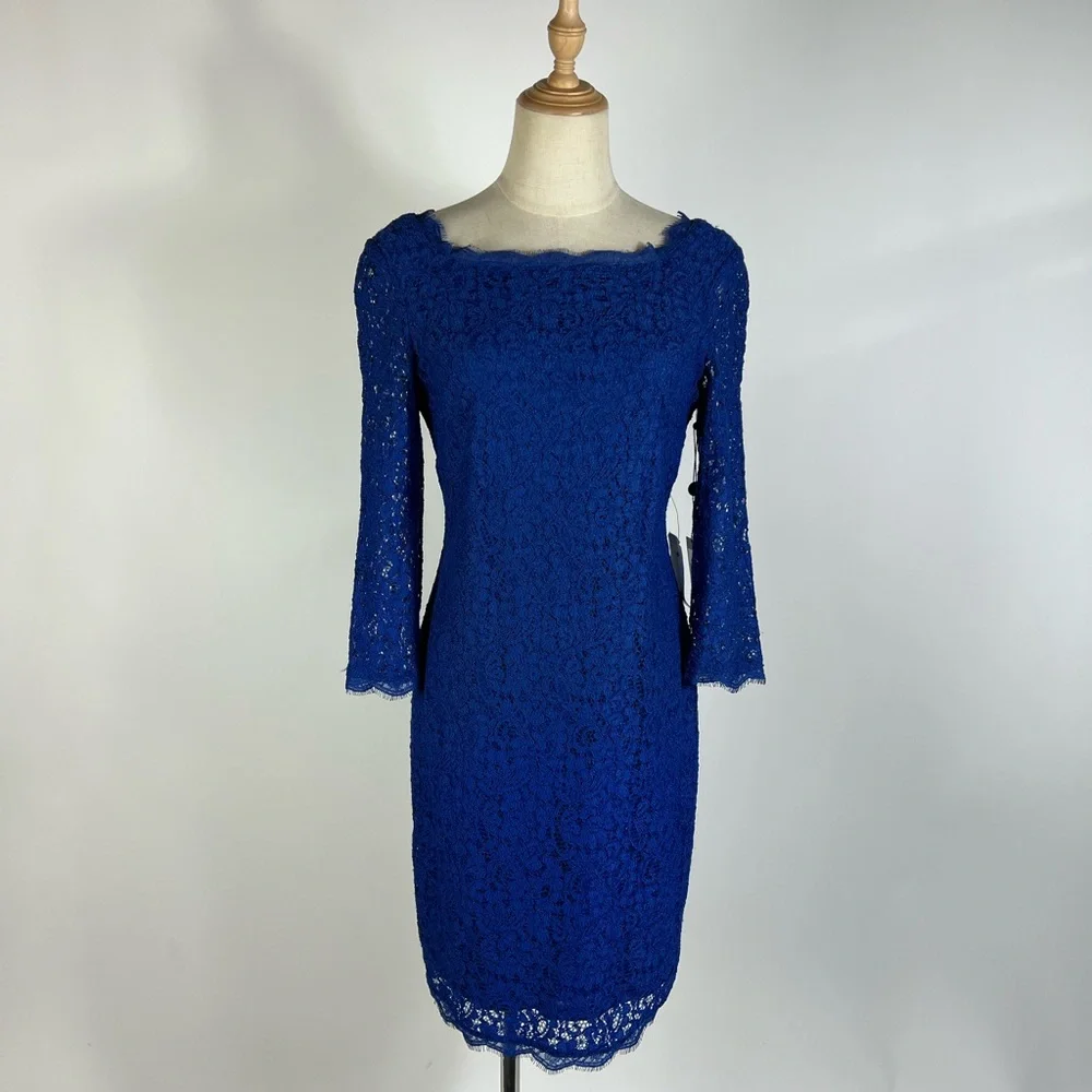 NWT ADRIANNA PAPELL Long Sleeve Cobalt Blue Lace Dress Womens 6 - Picture 2 of 8